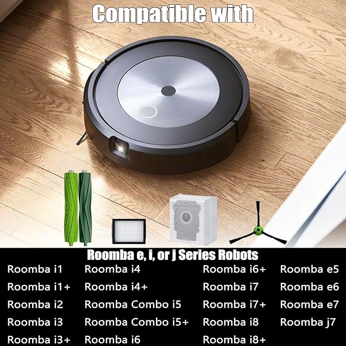 Replacement Parts for roomba i7 i7+ i3 i3+ i4 i4+ i5 i5+ i6 i6+ i8 i8+ j7 j7+/Plus j8 j8+ E5 E6 E7 Robot Vacuum Accessories,2 Rubber Roller 10 Filters 10 Side Brushes 10 Vacuum Bags