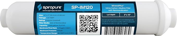 SpiroPure SP-IM120 Inline Alkaline Carbon Water Filter, MineralPlus Remineralization Filter with 1/4" FNPT 2” x 10”, Remineralizing for RO System, Refrigerators (1 Pack)