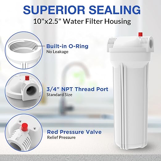 SimPure Whole House Water Filter Housing, Inline Water Filter for Home, Universal 10 inch Sediment Filter with 3/4 NPT Inlet and Outlet, Heavy Duty Steel Bracket, 4 Screws, Wrench (Pack of 2)