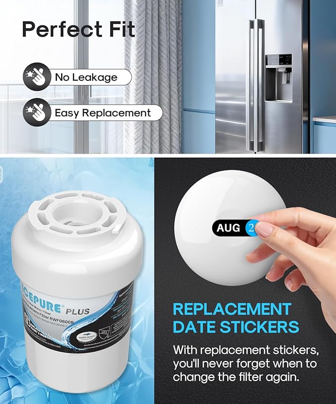 ICEPURE PLUS RWF0600B NSF/ANSI 53 & 42 Certified Refrigerator Water Filter, Remove Lead, Replacement for GE MWF, MWFINT, MWFA, HDX FMG-1, Kenmore 46-9991, GSE25GSHECSS, WFC1201, PC75009, 2PACK