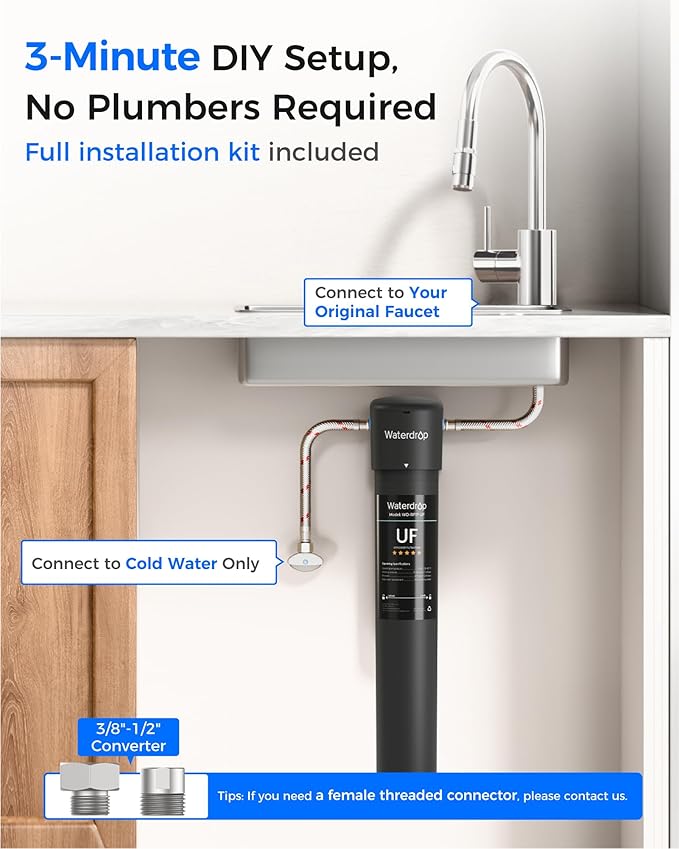 Waterdrop 17UA-UF 0.01 μm Ultra Filtration Under Sink Water Filter System, 3 Years, Reduces Lead, Chlorine, Bad Taste & Odor, Direct Connect to Kitchen Faucet, USA Tech