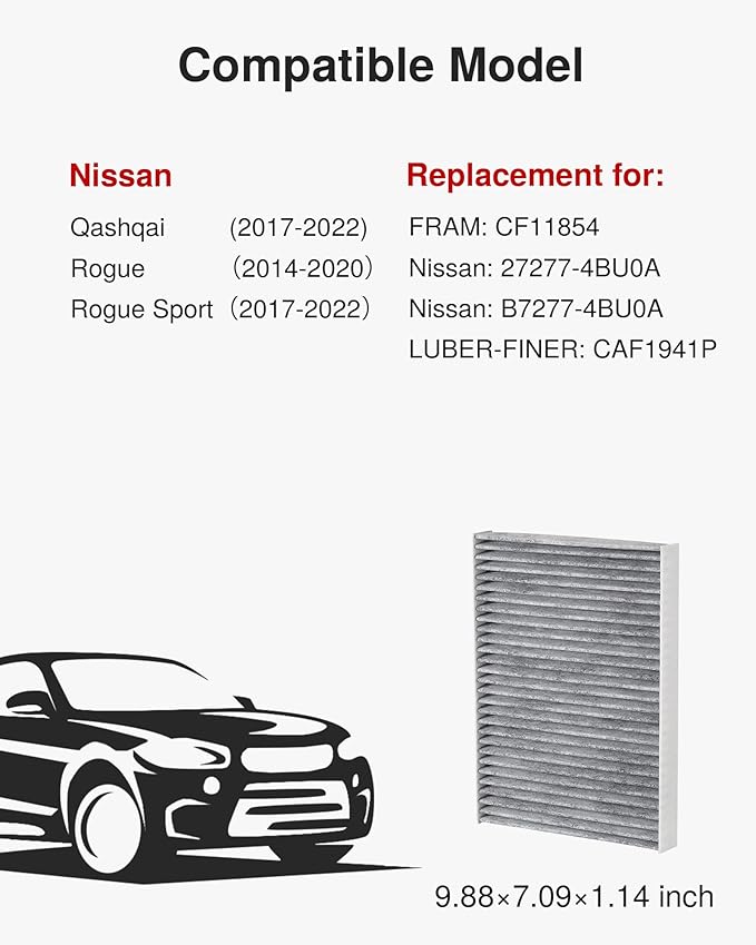 Puroma Cabin Air Filter with Activated Carbon, Replacement for CF11854, CAF1941P, Nissan: 27277-4BU0A and B7277-4BU0A, Compatible with Nissan Qashqai, Rogue, Rogue Sport