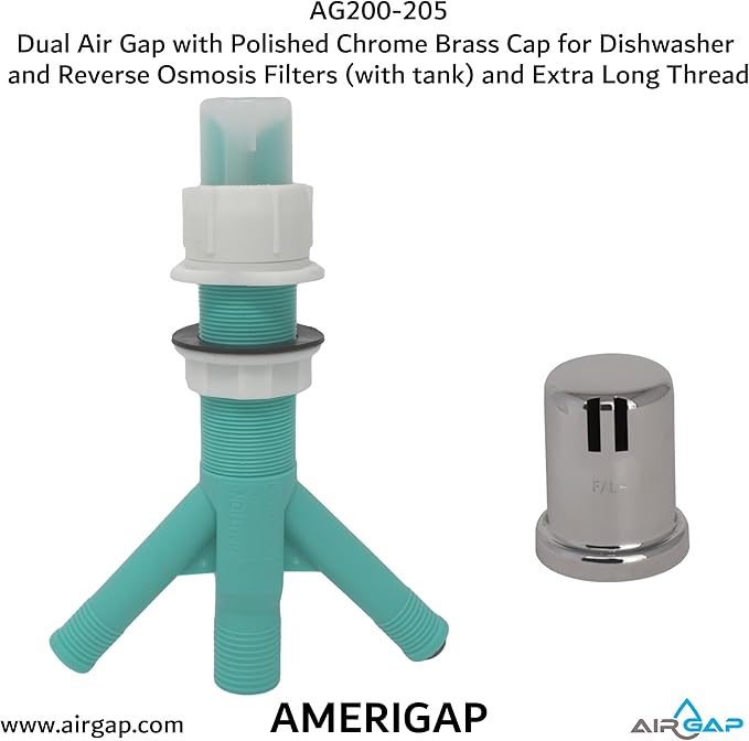 Dual Air Gap with Polished Chrome Brass Cap for Dishwasher and Reverse Osmosis Filters (with tank) and Extra Long Thread (AG200-205, AG200-X05, AMERIGAP)