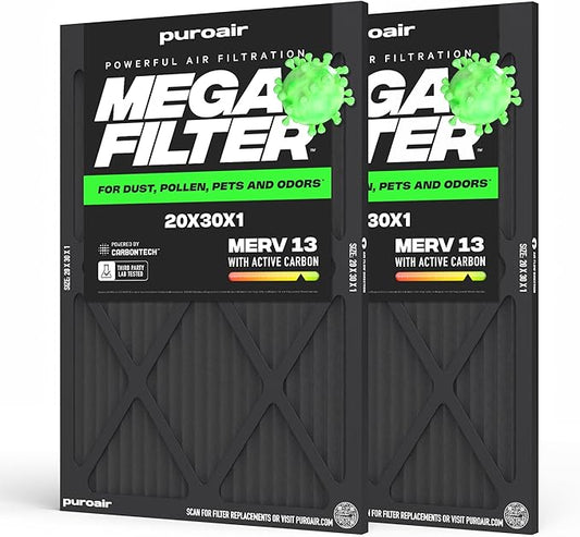 PuroAir MegaFilter - 20x30x1 Air Filter MERV 13 Activated CarbonTech Defense - Heavy Duty 3 Layer Furnace Filters Allergens, Pollen, Dust, Pet Dander, Smoke, Odors - HVAC Air Filter 20x30x1 (2-Pack)