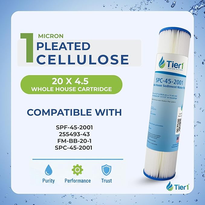 Tier1 1 Micron 20 Inch x 4.5 Inch | 2-Pack Pleated Polyester Whole House Sediment Water Filter Replacement Cartridge | Compatible with Pentek 255493-43, SPF-45-2001, FM-BB-20-1, Home Water Filter