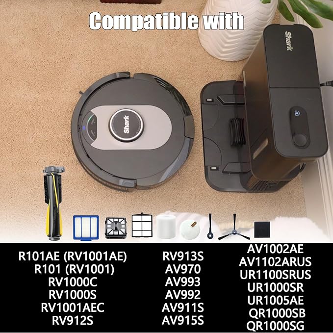 Replacement Parts for Shark IQ RV1001AE Shark AV911S EZ, AV1010AE RV1000 RV1001 AV970 AV993 AV1002AE UR1000SR UR1005AE Vacuum Cleaners,Side/Sweep Brush Filter Main/Roller Brush Shell Clean Base Filter