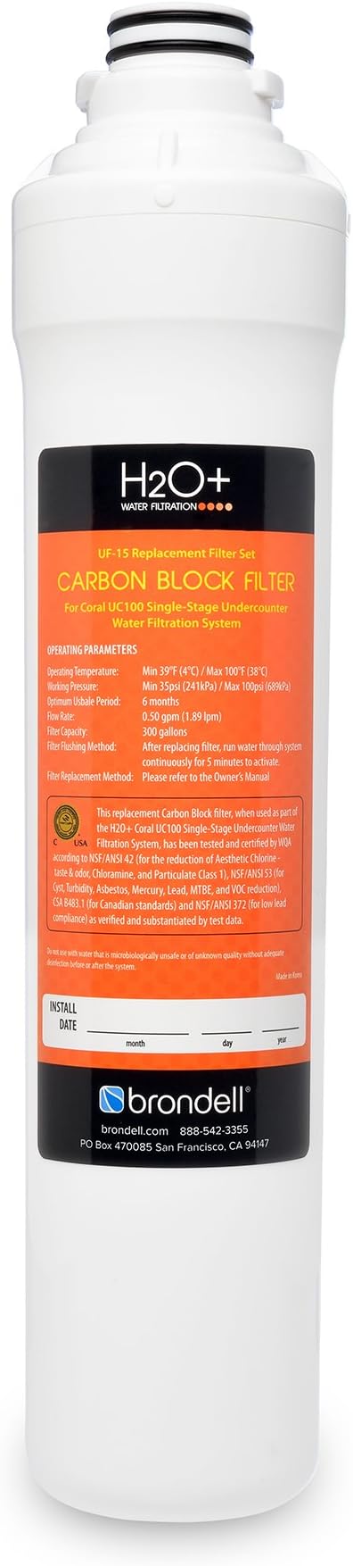 Brondell UF-15 Single-Stage Carbon Block Water Filter Replacement for Coral Under Sink Filtration System, Lasts 6 Months