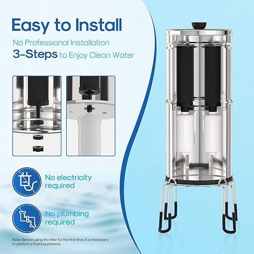 ICEPURE 3G Gravity Water Filter System with Water Level Window, Multi-Stage Filter, Stainless Steel Countertop Gravity fed Filtration with 4 Filters and Stand Reduce Microplastics, Lead & Total PFAS