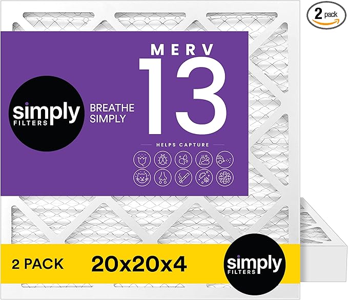 Simply 20x20x4 Air Filter, MERV 13, 2 Pack, Furnace Air Filter for HVAC (Actual Size:19.5"x19.5"x3.63") DUST, Pet, & Allergy Control