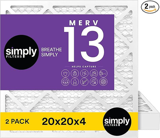 Simply 20x20x4 Air Filter, MERV 13, 2 Pack, Furnace Air Filter for HVAC (Actual Size:19.5"x19.5"x3.63") DUST, Pet, & Allergy Control