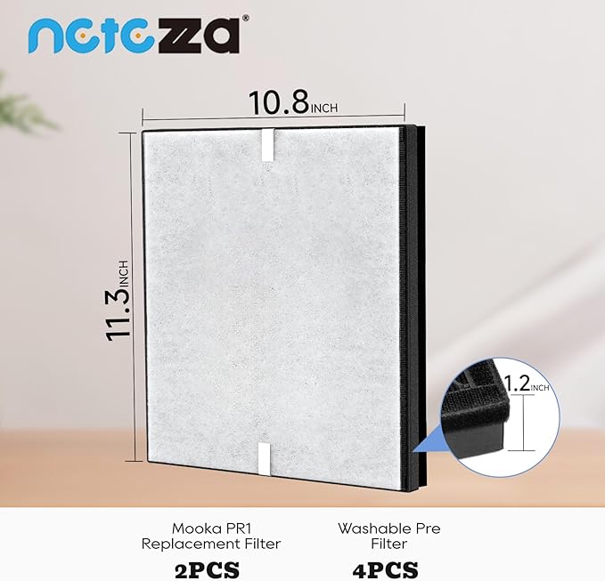 2Pack PR1 Air Filter Replacement Compatible with MOOKA PR1 Air Purifier for Home Large Room up to 2200sq.ft, Includes 4pcs Washable air Filters, Traps Pet Hair Dust Dander