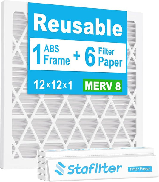 Reusable 12x12x1 Air Filter (MERV 8), 1 Foldable Frame + 6 Refills (Not Individual Filters), Greener HVAC AC Furnace Air Filters MPR 700&FPR 5(Actual Size:11.75"x11.75"x0.75")