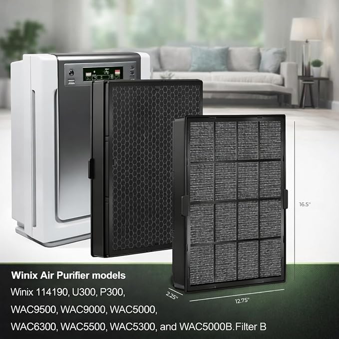 Nispira True HEPA Replacement Filter B Compatible with Winix 9500, U300, P300 Air Purifiers, Replaces Part 114190, Size 16.5 x 12.75 x 2.25 in, 1 Set