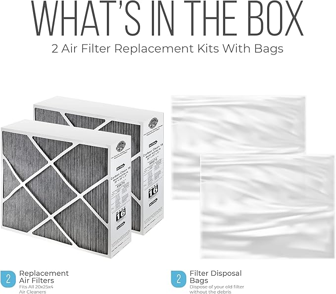 Lennox 20x25x5 Furnace Filter, X6675 Filter Replacement, Merv 16 Carbon Clean with Homequip Disposal Bag 2-Pack (Actual Size: 19.8 x 24.8 x 4.3 Inches)