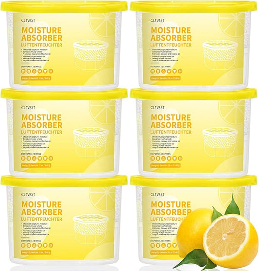 CLEVAST Moisture Absorber Boxes 6 Pack, 12 Oz Dehumidifier for Closet & Bathroom, Humidity Absorber for Wardrobe, Bedroom, RV & Car, Moisture Control, Lemon Scented