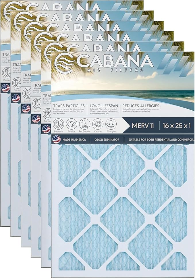 Cabana Filters 6-Pack 16x25x1 MERV 11 AC Furnace Air Filter for Home and Office - Indoor HVAC System Filtration Replacement, Captures Unwanted Particles