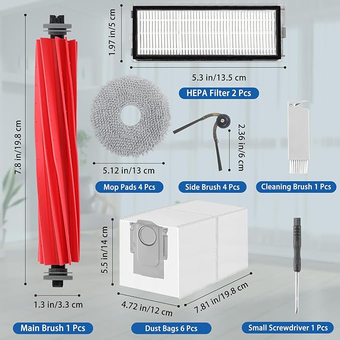 Accessories Replacement Kit for Roborock Qrevo Serie - QV 35A/QV 35S, QR 598/QR 798 Robot Vacuum, 1 Main Brush, 4 Mop Clothes, 2 Filters, 4 Side Brushes, 6 Dust Bags, 1 Cleaning Tool - 18 Pcs