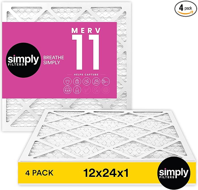 Simply 12x24x1 Air Filter, MERV 11, 4 Pack, For Home AC Furnace & HVAC (Actual Size: 11.75"x23.75"x0.75") DUST, Pet, & Allergy Control