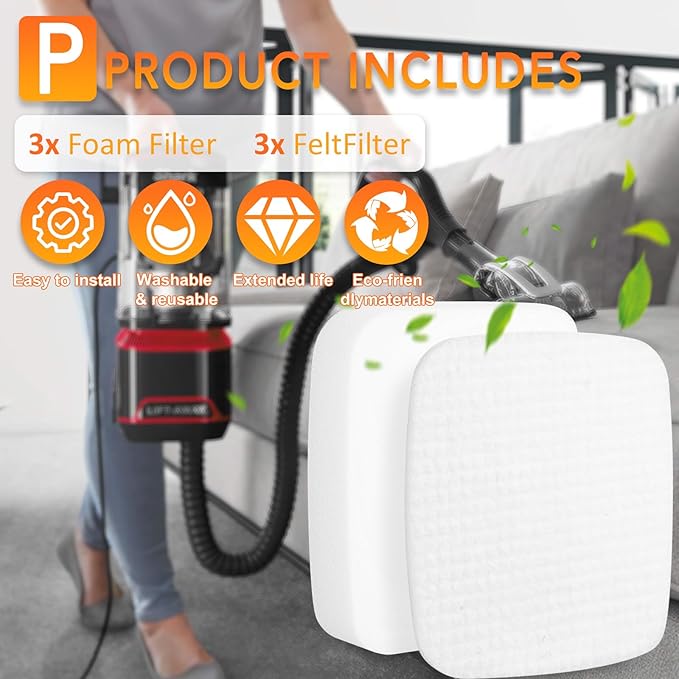 UV900 UV850 Foam & Felt Filters for Shark Performance Lift-Away ADV DuoClean PowerFins Upright Vacuum UV900 UV850, 3Pack Spare kit Replace Part # XFFK602UKT