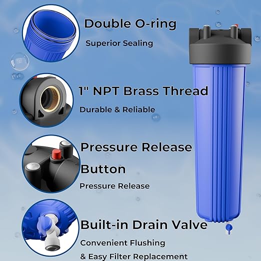 3-Stage Whole House Water Filter System, Heavy Metal Reduction, 20x4.5 Inch, Includes PP, KDF & CTO Carbon Block, 1" NPT Brass Ports, Drain Valves & Install Kit