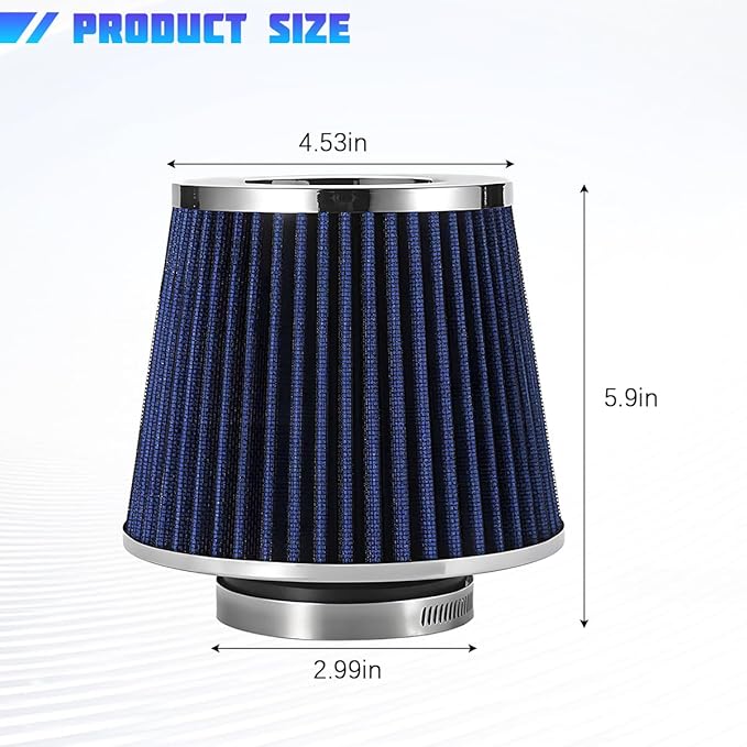Clamp-On Car Air Intake Filter, 3 In/3.5 In/4 In Three Size High-Flow Washable Vehicle Air Cone Filter Cleaner, Round Tapered Auto Cool Cleaner Replacement, Universal Fit (Silver/Blue)