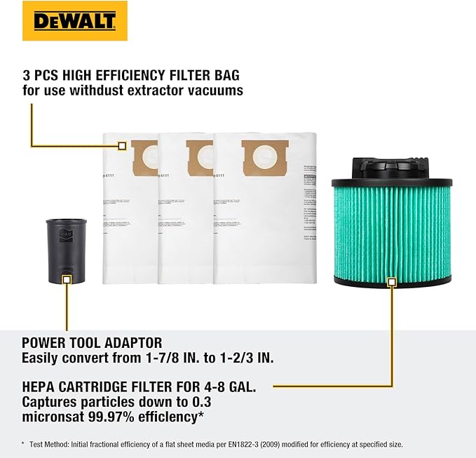 DEWALT Shop Vac Filter and Dust Bags for Most 4-8 Gallon Shop Vacs, HEPA Vacuum Filter Replacement 3-Pack Filter Bags and Power Tool Adapter Kit, DXVA19-0502