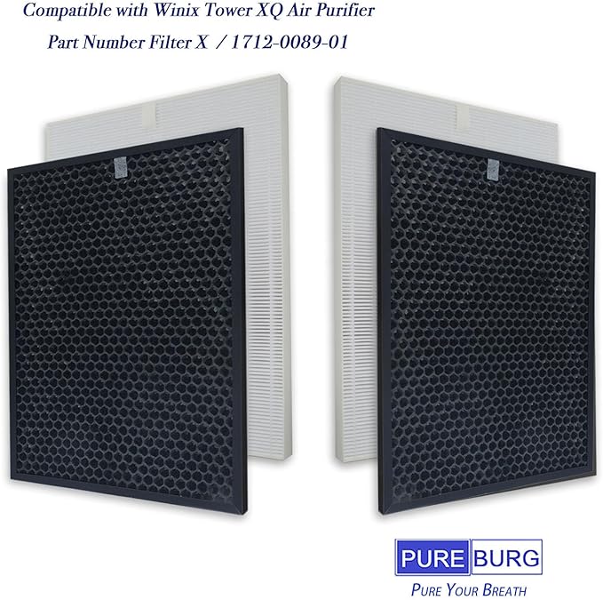 PUREBURG Replacement Filter Compatible with Winix XQ & XQ Pro Tower Air Purifier, Filter X, 2 x H13 HEPA & 2 x Activated Carbon Filters Air Clean Dust VOCs Odor
