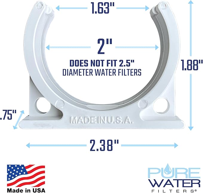 Mounting Bracket for Inline Water Filters (Ice makers, Refrigerators, Undersink) 2 Inch Diameter with Screw, White, Made in USA