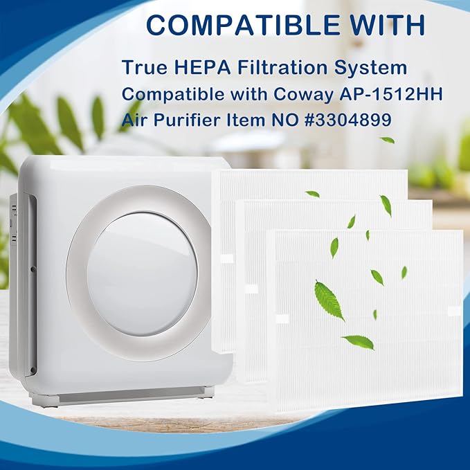 AP-1512HH True HEPA Filter Replacement Compatible with Coway Airmega AP-1512HH Mighty and Airmega 200M Air Cleaner Purifier, AP-1518R, AP-1519P, Item NO #3304899, 3 Pack HEPA Filter Only