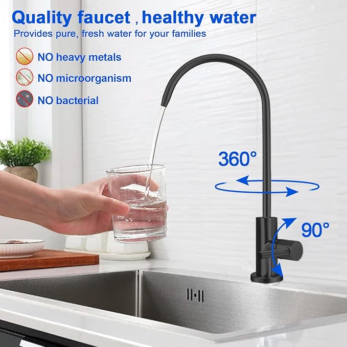 Drinking Water Faucet - Long Thread Stem Filtered Water Tap for Thick Countertop,Lead-Free RO Faucet with Hose and Push Connect Fittings(Matte Black-Flat Top)