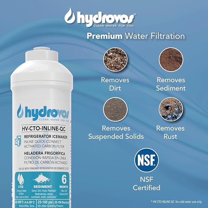 HYDROVOS Inline Water Filter for Refrigerator, Ice Maker, Reverse Osmosis System, 1/4" Quick Connect, 10" Carbon Water Filter Reduces Chlorine Taste & Odor for Drinking Water, Filtered Ice, Bulk Pack