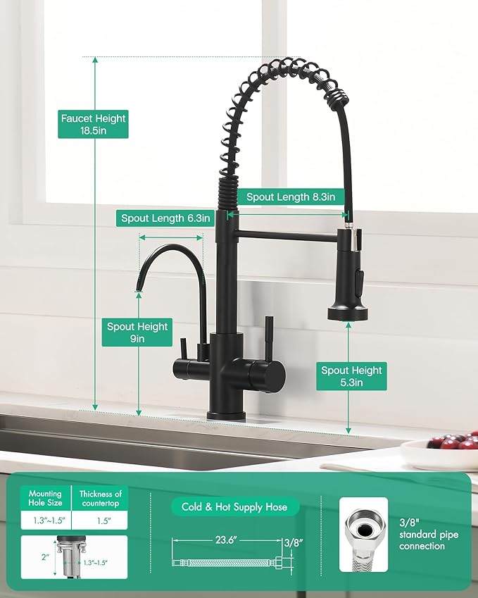 GIMILI 3 in 1 Kitchen Faucet with Pull Down Sprayer Matte Black Two Handle Kitchen Sink Faucet with Under Sink Water Filter System Reduces PFAS, PFOA/PFOS, Lead, Chlorine, Bad Taste & Odor
