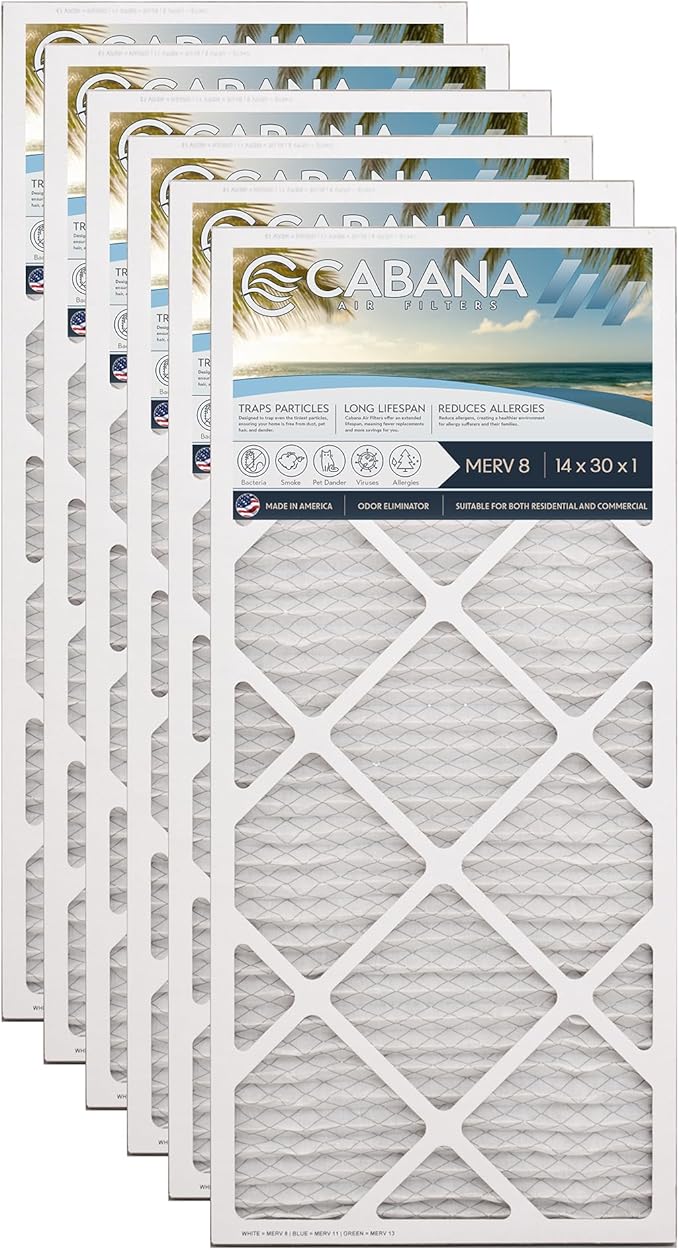 Cabana Filters 6-Pack 14x30x1 MERV 8 AC Furnace Air Filter for Home and Office - Indoor HVAC System Filtration Replacement, Captures Unwanted Particles