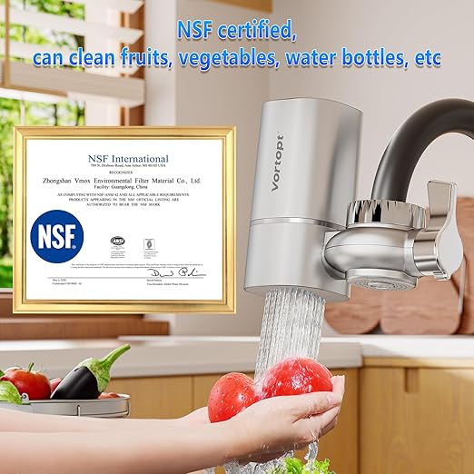Vortopt Faucet Filter,NSF Certified,400 Gallon High Efficiency Water Purification System, Fast 99% Chlorine & Odor Removal,Modern Simple Silver with 1 Water Filter（T1-Silver）
