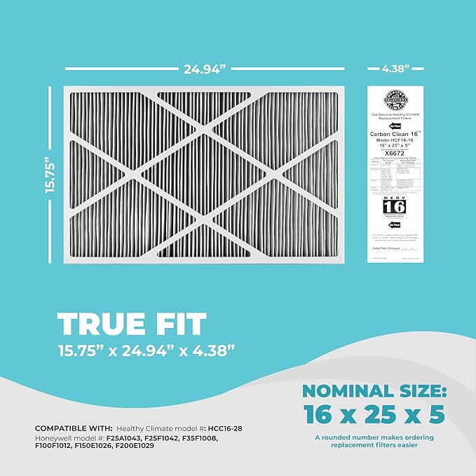 Lennox X6672 16x25x5 Furnace Filter, Lennox Healthy Climate Carbon Clean Merv 16 Home HVAC Air filter, 5 Pack with Cleaning Cloth