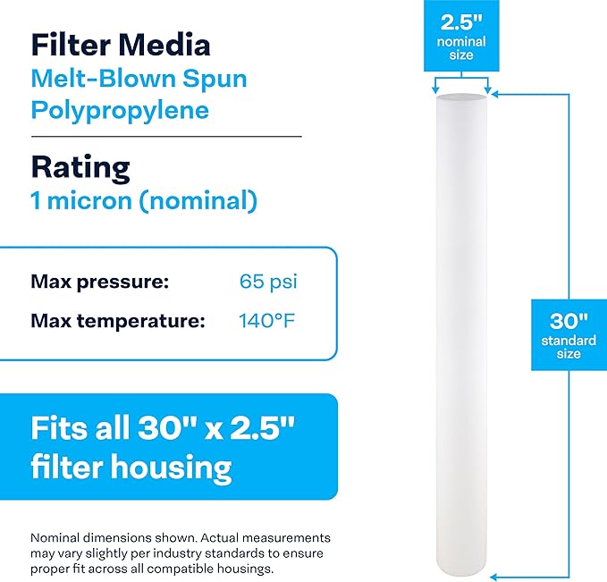 SpiroPure SP-P1-30 30x2.5 1 Micron Spun Melt-Blown Polypropylene Sediment Water Filter Cartridge SDC-25-3001 P1-30 155227-43 (Case of 20)