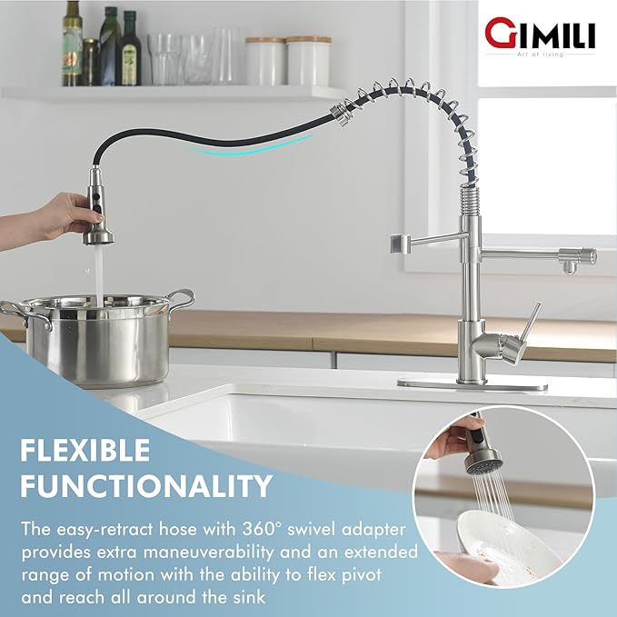 GIMILI Filter Kitchen Faucet for Water Filtration System Drinking Water Faucet 3 in1 Commercial Style Pull-Down Single Handle, Brushed Nickel,Without Water Filtration Device