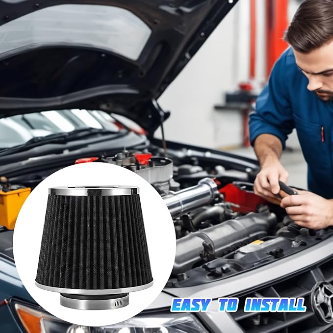 Clamp-On Car Air Intake Filter, 3 In/3.5 In/4 In Three Different Size High-Flow Washable Vehicle Air Cone Filter Cleaner, Round Tapered Auto Cool Cleaner Replacement, Universal Fit (Black)