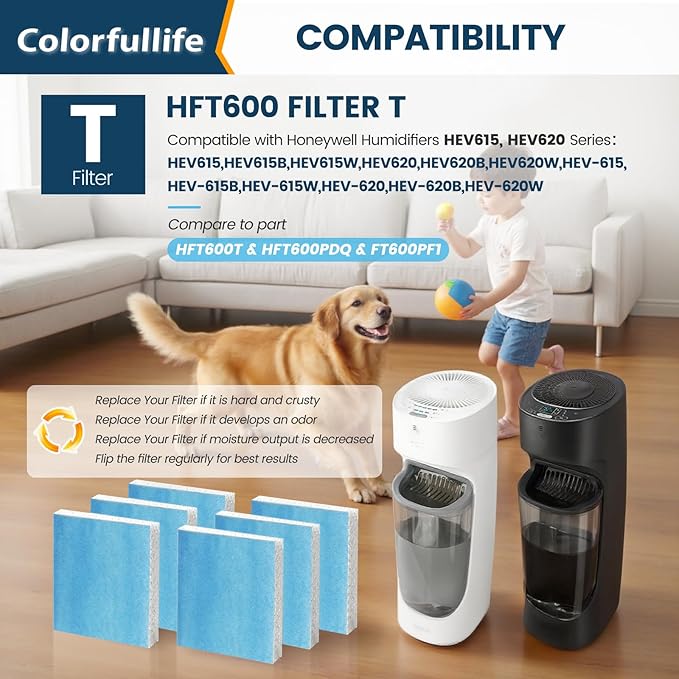 Colorfullife 6 Pack Humidifier Wicking Filter T for Honeywell Top Fill Tower Humidifier HEV615, HEV620, Upgraded HFT600PF1 Replacement Filter T with Blue Pre-Filter, Replace Parts HFT600T HFT600PDQ