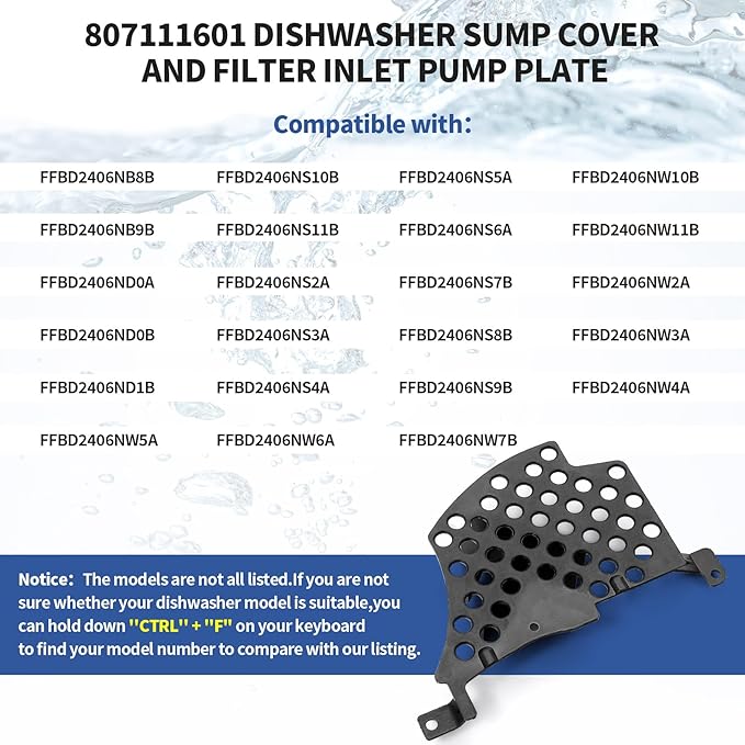 807111601 Sump Cover and Filter Inlet Pump Plate Compatible With Frigidaire Crosley Kenmore Westinghouse FFBD2406NW7B CDB350NB2A, Sump Cover Filter Plate Replace 3019126 AP5788710 EAP8747095 PS8747095