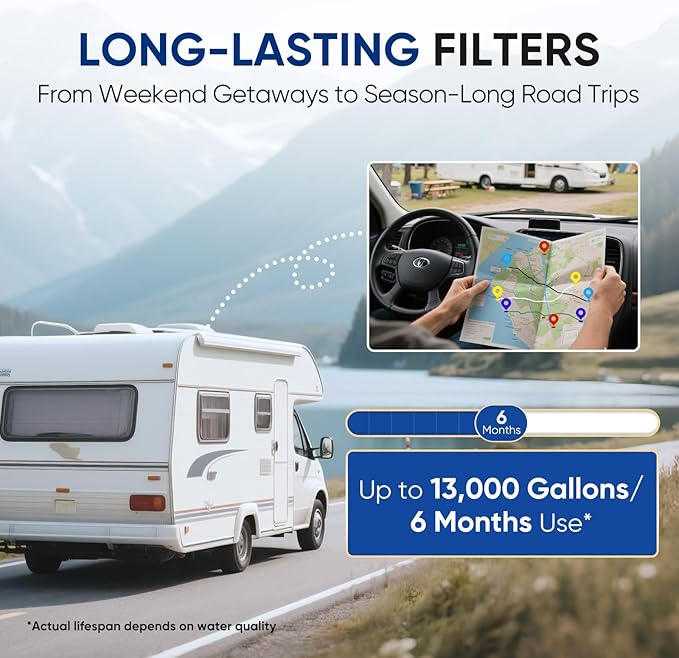 PUREPLUS RV Dual Stage Water Filter System with Grooved Sediment and Carbon Cartridges, NSF/ANSI 42 Certified, Stainless Steel 3/4" Fittings, Reduces Sediment, Chlorine, Odors and More