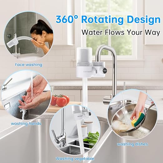 Vortopt 360° Rotating Faucet Water Filter,400 Gallon,NSF/ANSI 42 Certified Water Filter for Sink Faucet,Reduces 99% Chlorine,Odor,Fits Most Standard Faucets,3 Month Lifespan,White.