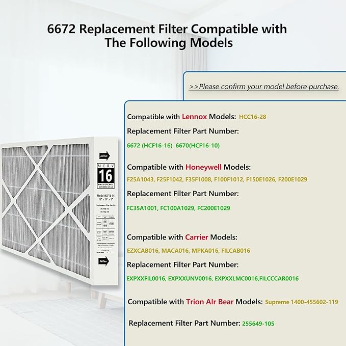 1 Pack X6672 16x25x5 MERV 16 Filter Compatible with Lennox X6672, HCC16-28 Healthy Climate Clean MERV 16 Home Furnace Filter for HVAC System, Part Number HCF16-16, HCF16-10