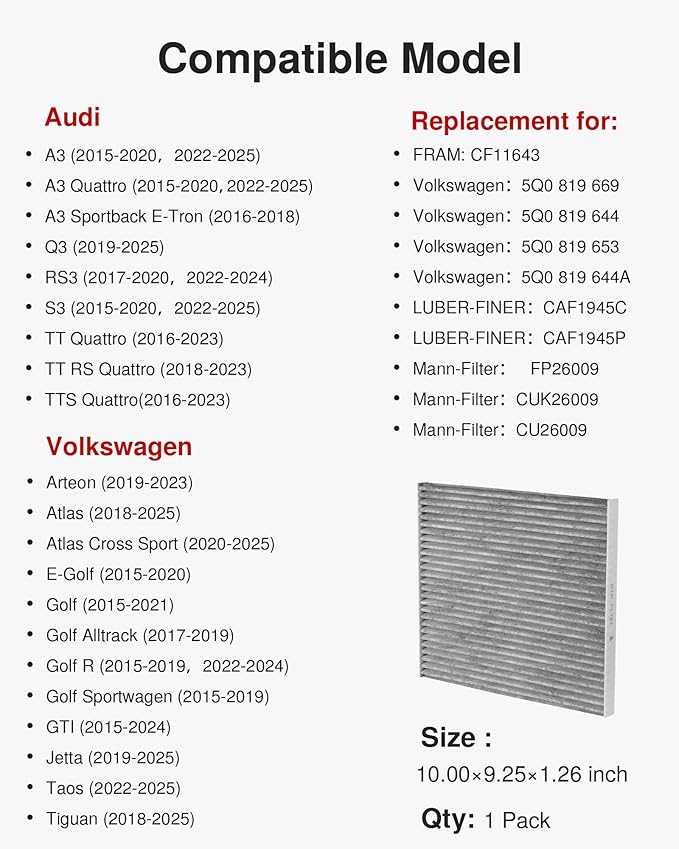 Puroma Cabin Air Filter with Activated Carbon, Replacement for CF11643, Compatible with Audi A3/Q3/S3/TT Quattro, Atlas, GTI, Golf, Jetta, Tiguan