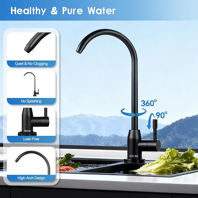 Drinking Water Faucet, Lead-Free Kitchen Water Filter Faucet for Reverse Osmosis or Water Filtration System, RO Faucet, Brushed Nickel (Black Lacquer Finish)