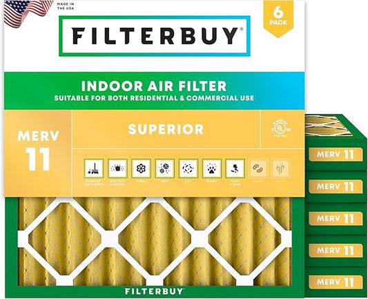 Filterbuy 12x12x2 Air Filter MERV 11 Superior Pet & Allergy Defense (6-Pack), Electrostatic Pleated HVAC AC Furnace Filters Replacement (Actual Size: 11.50 x 11.50 x 1.75)