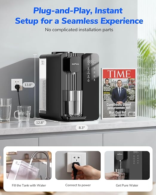 Ecoviva Countertop Reverse Osmosis Water Filter with UV - 7-Stage Purification, Instant Hot Water (212°F), Real-Time TDS, 3:1 Pure to Drain, Desktop Water Purifier Ideal for Apartment & Dormitory