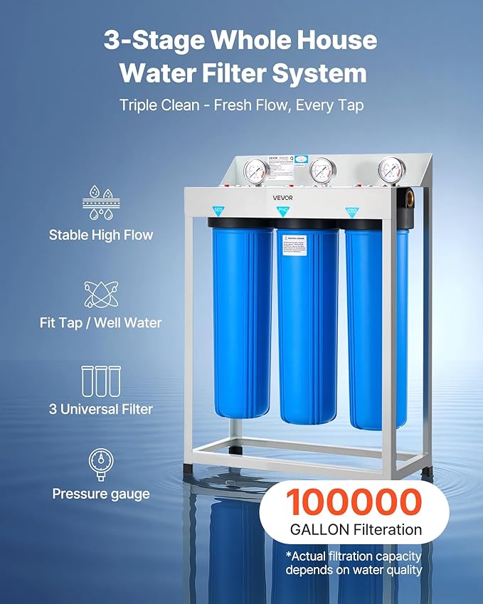 VEVOR Whole House Water Filter System, 3-Stage | Sediment, PHO, CTO | 4.5" x 20" Home Water Purifier Filter Reduce Chlorine, Bad Taste, Odor, Rust, Prevent Scale and Corrosion