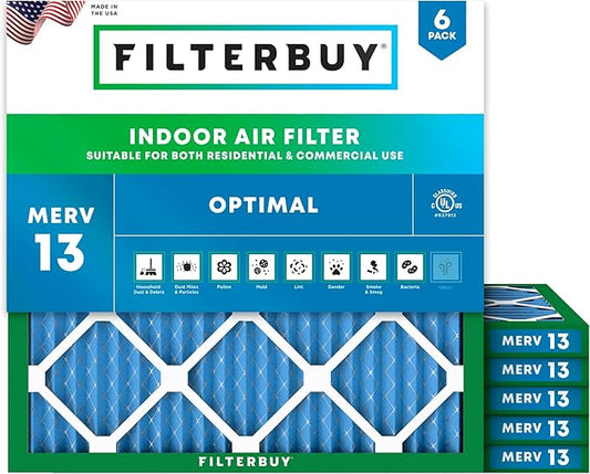 Filterbuy 18x18x1 Air Filter MERV 13 Optimal Smoke & Allergy Defense (6-Pack), Electrostatic Pleated HVAC AC Furnace Filters Replacement (Actual Size: 17.75 x 17.75 x 0.75)