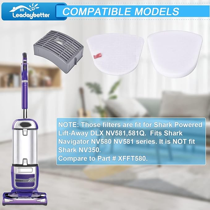 Leadaybetter Filter Replacement for Shark Navigator NV586 NV585 NV580 NV581 NV581Q Powered Lift Away DLX Upright Vacuum Cleaner Filters, Compare to Part # XFFT580 & XHEP580